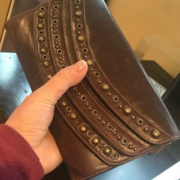 Nordstrom Brown XL Leather Brass Studs Wallet - Picture 7 of 14